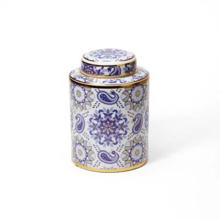 Large Chinoiserie Gold Edged Porcelain Tea Jar